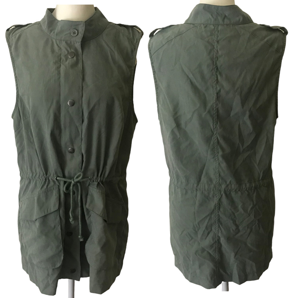 First Love Vest Womens Large Green Cargo Military‎ Drawstring Snap Full Zip Gorp